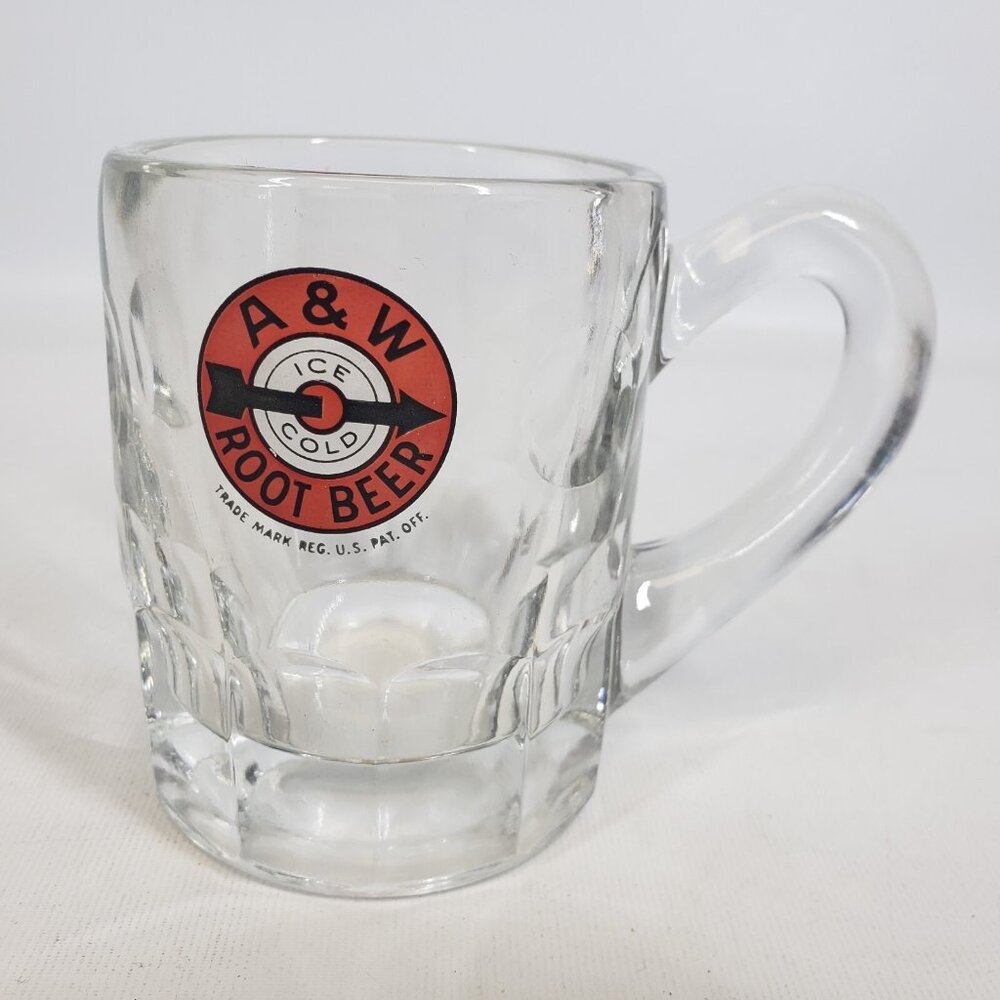 Vintage A&W Root Beer Dog Ear Handle Mug Heavy Clear Mug Arrow Bullseye Logo